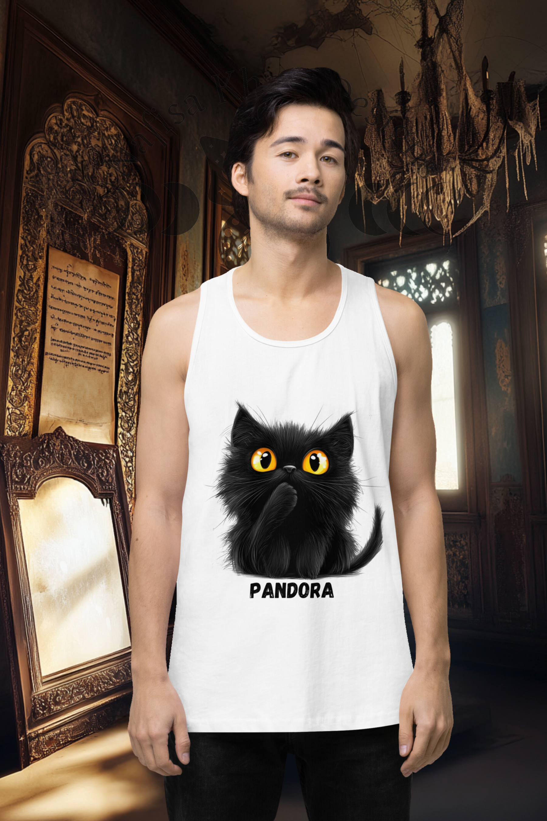 Men’s Premium Tank Top – Pandora the Fluffy Black Kitten with Paw Covering Mouth | Playful Cat Lover Apparel