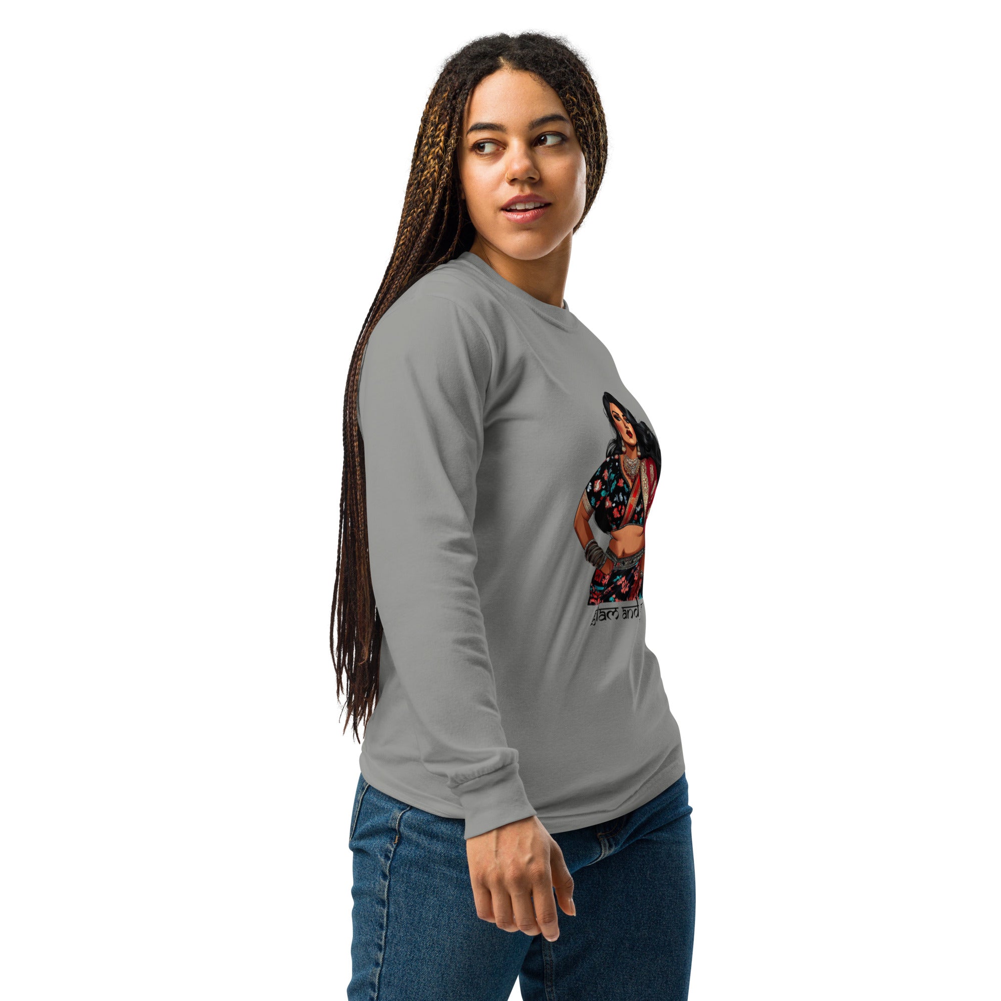 Glam and Grit Desi long-sleeve shirt featuring modern Desi fashion with a fusion of tradition and streetwear style.