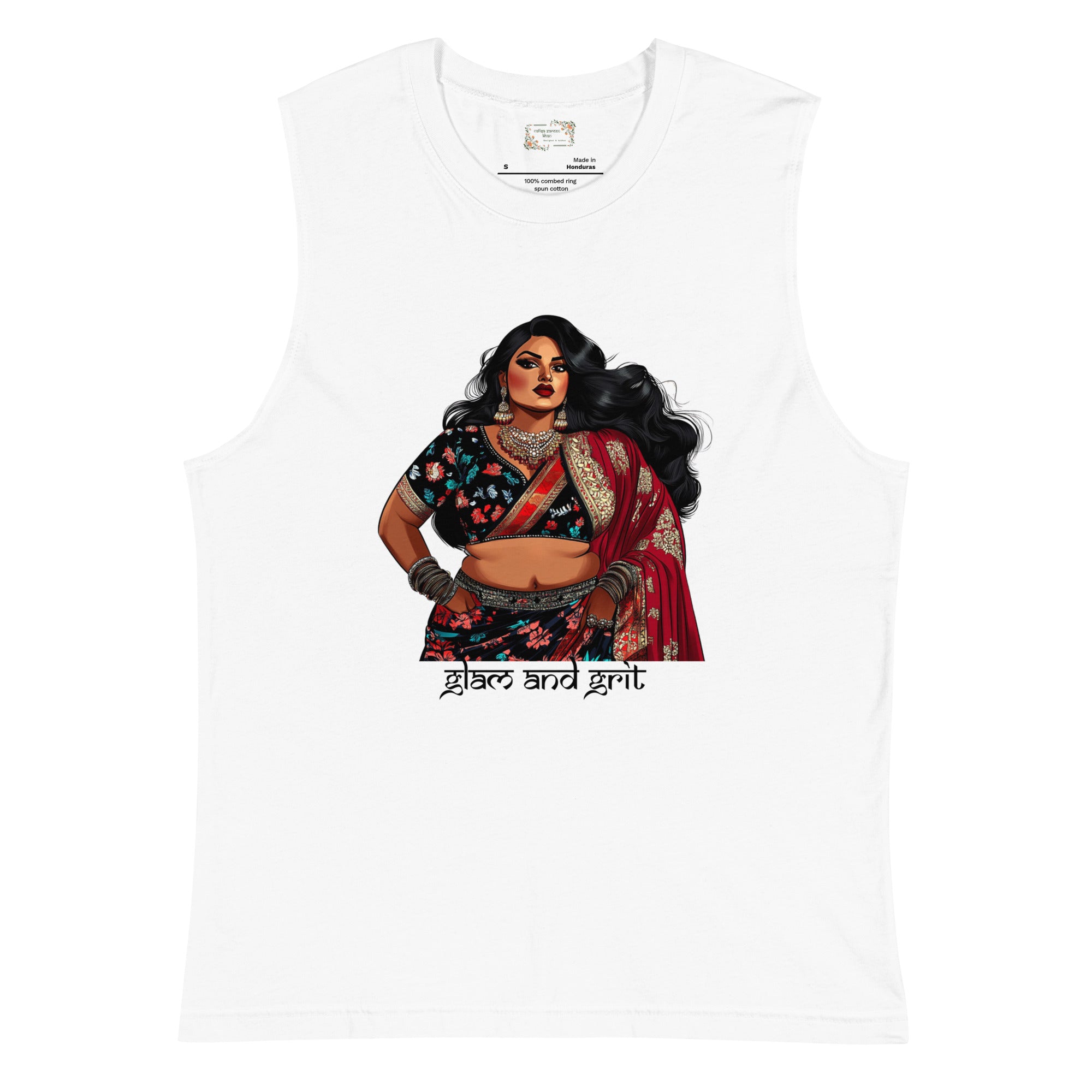 Glam and Grit Sleeveless Muscle Shirt featuring modern Desi fashion with a fusion of tradition and streetwear style.