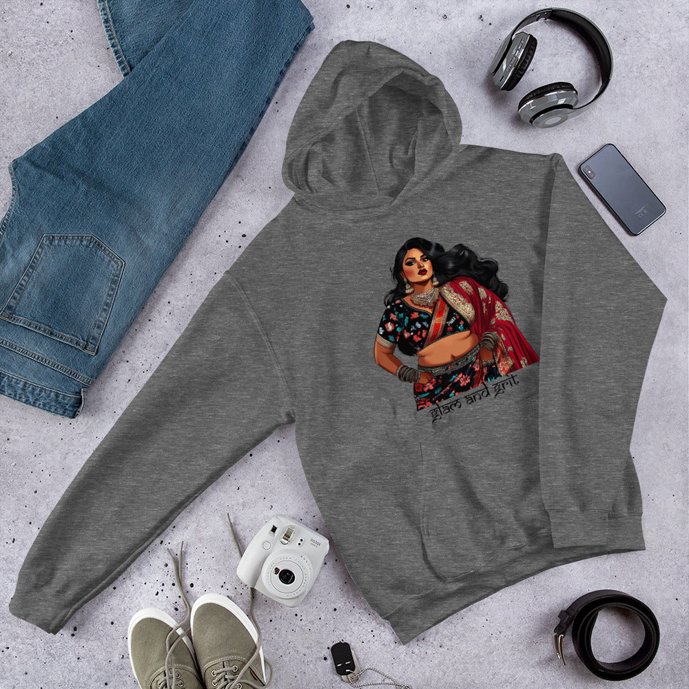 Glam and Grit Pullover Hoodie featuring modern Desi fashion with a fusion of tradition and streetwear style.