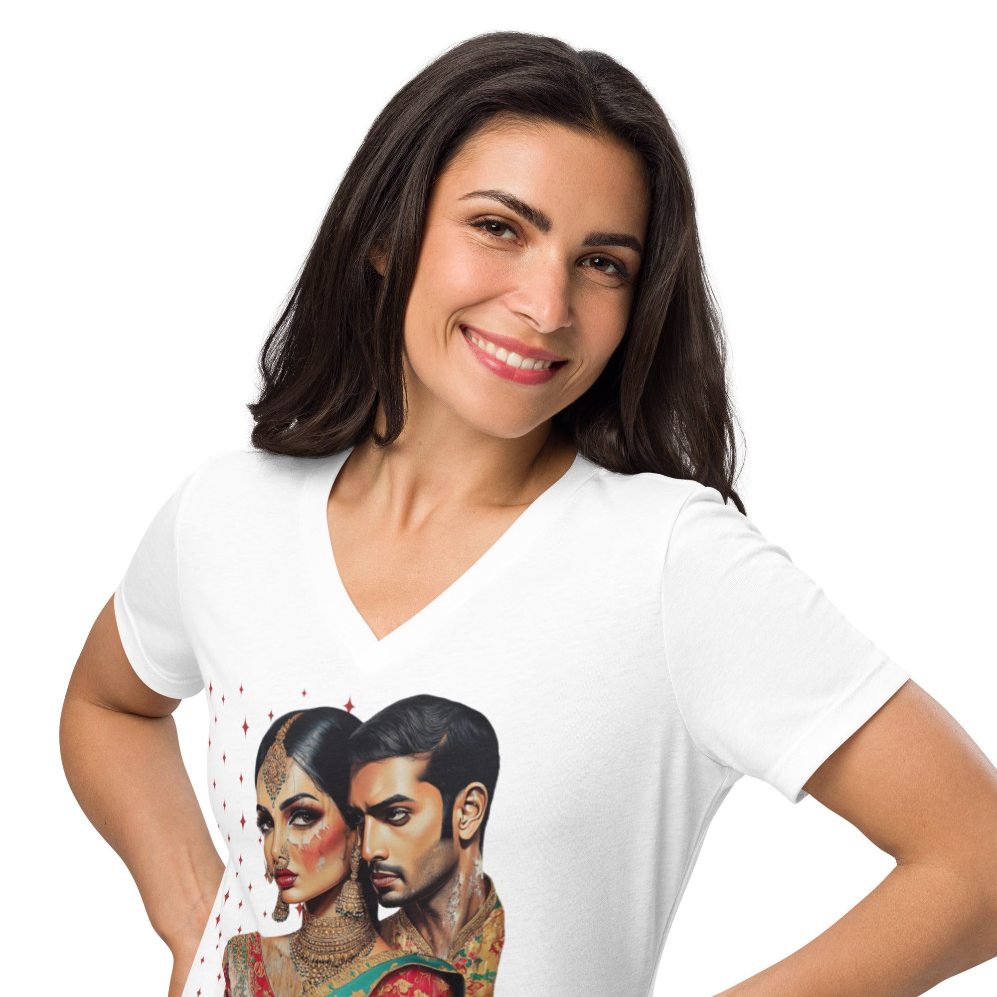 Waves Gold and Diaspora Stories V-Neck T-Shirt featuring modern Desi fashion with a fusion of tradition and streetwear style.