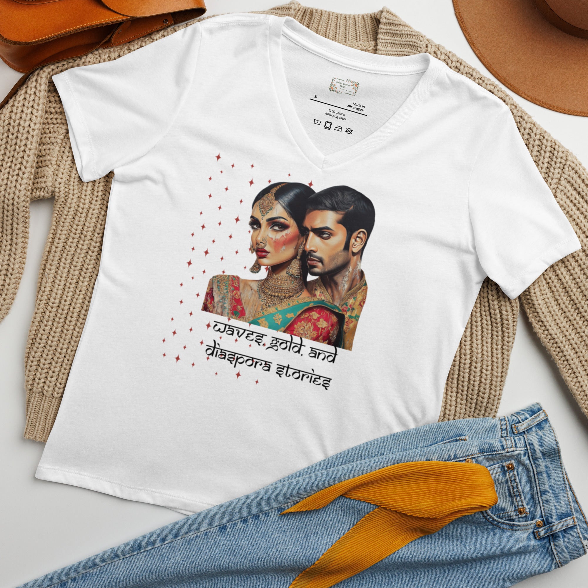 Waves Gold and Diaspora Stories V-Neck T-Shirt featuring modern Desi fashion with a fusion of tradition and streetwear style.