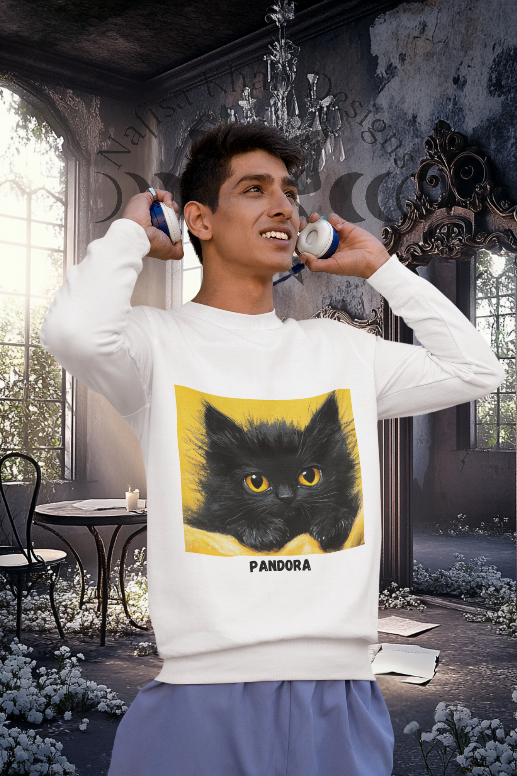 Unisex Hooded Long-Sleeve Tee – Bright Yellow Cover of Pandora's Delicious Dilemma Featuring Fluffy Black Cat Pandora