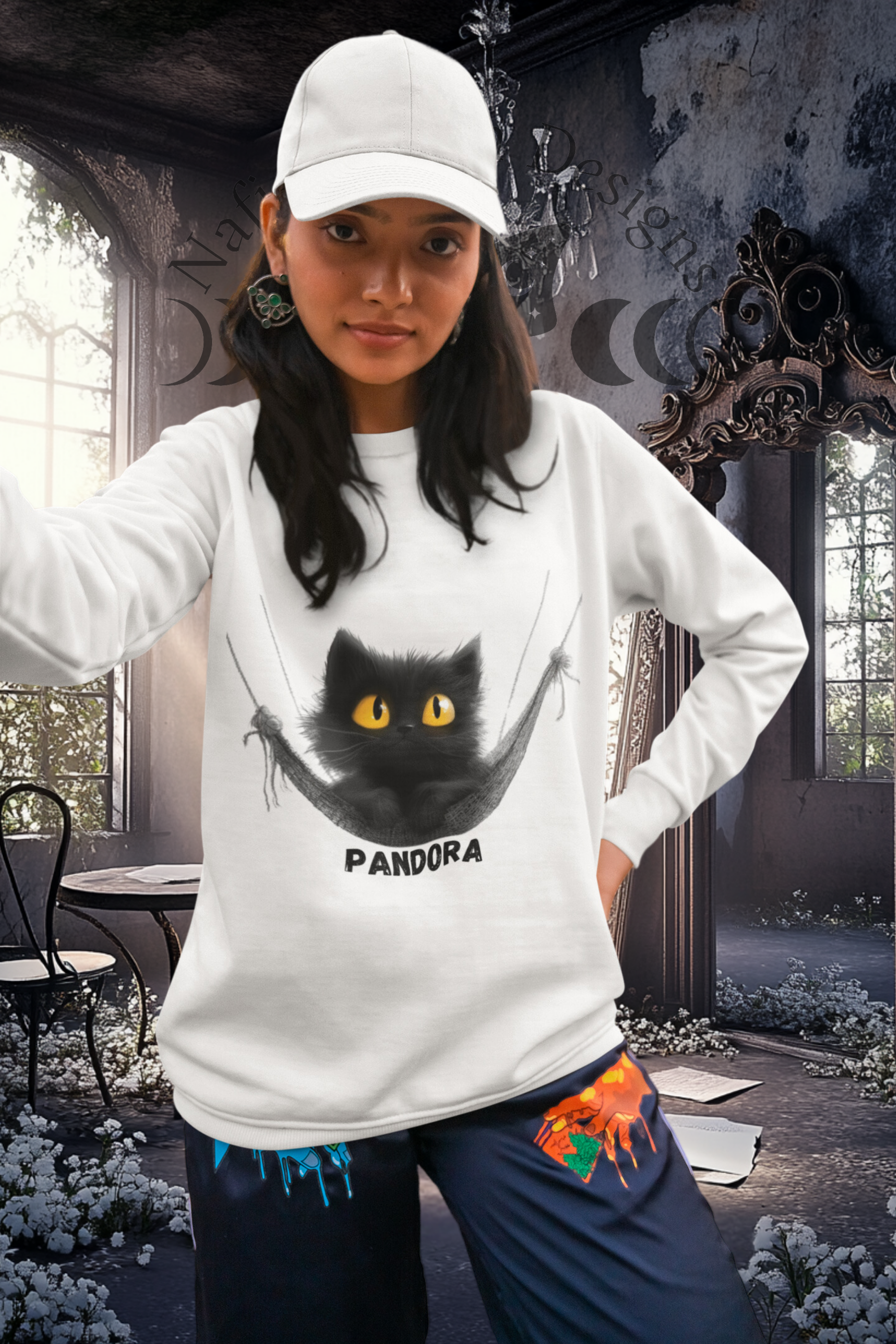 Unisex Crew Neck Sweatshirt – Pandora the Fluffy Black Kitten Relaxing in a Hammock | Cozy Cat Lover Apparel