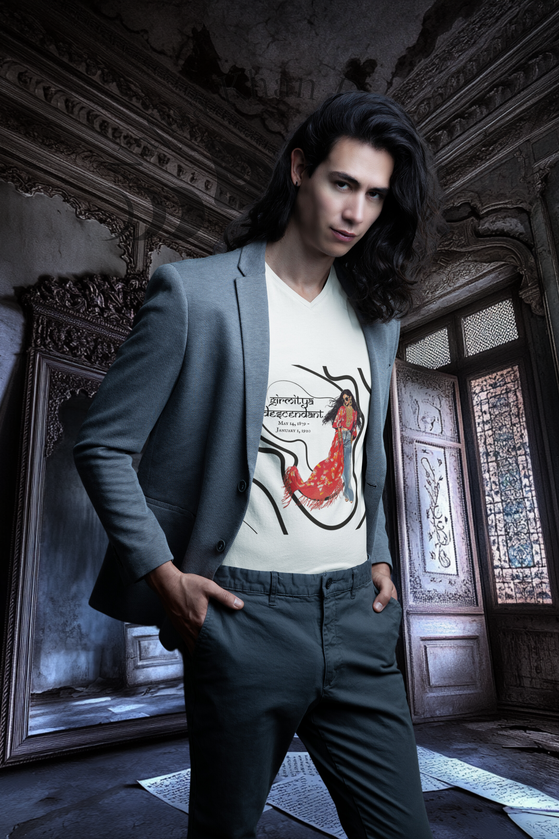 Girmitya Descendant V-Neck T-Shirt – Honor Your Heritage in Style  featuring modern Desi fashion with a fusion of tradition and streetwear style.