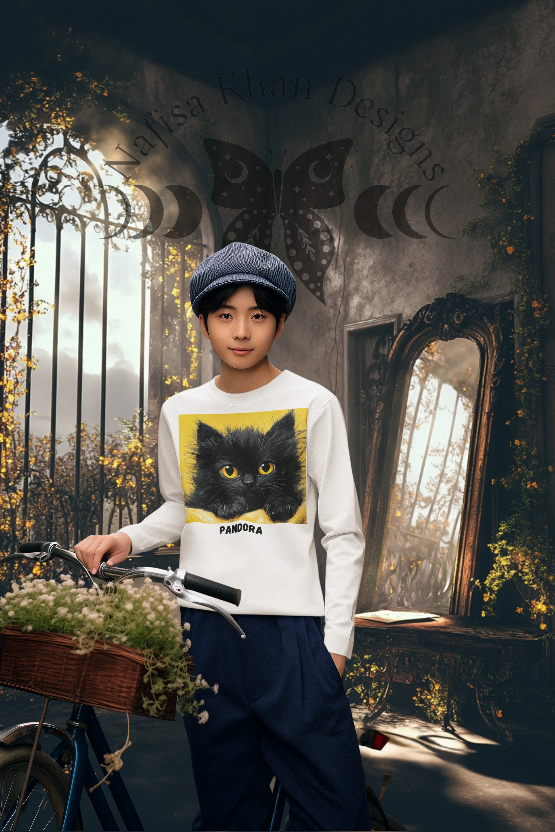 Youth Long Sleeve Tee – Bright Yellow Cover of Pandora's Delicious Dilemma Featuring Fluffy Black Cat Pandora