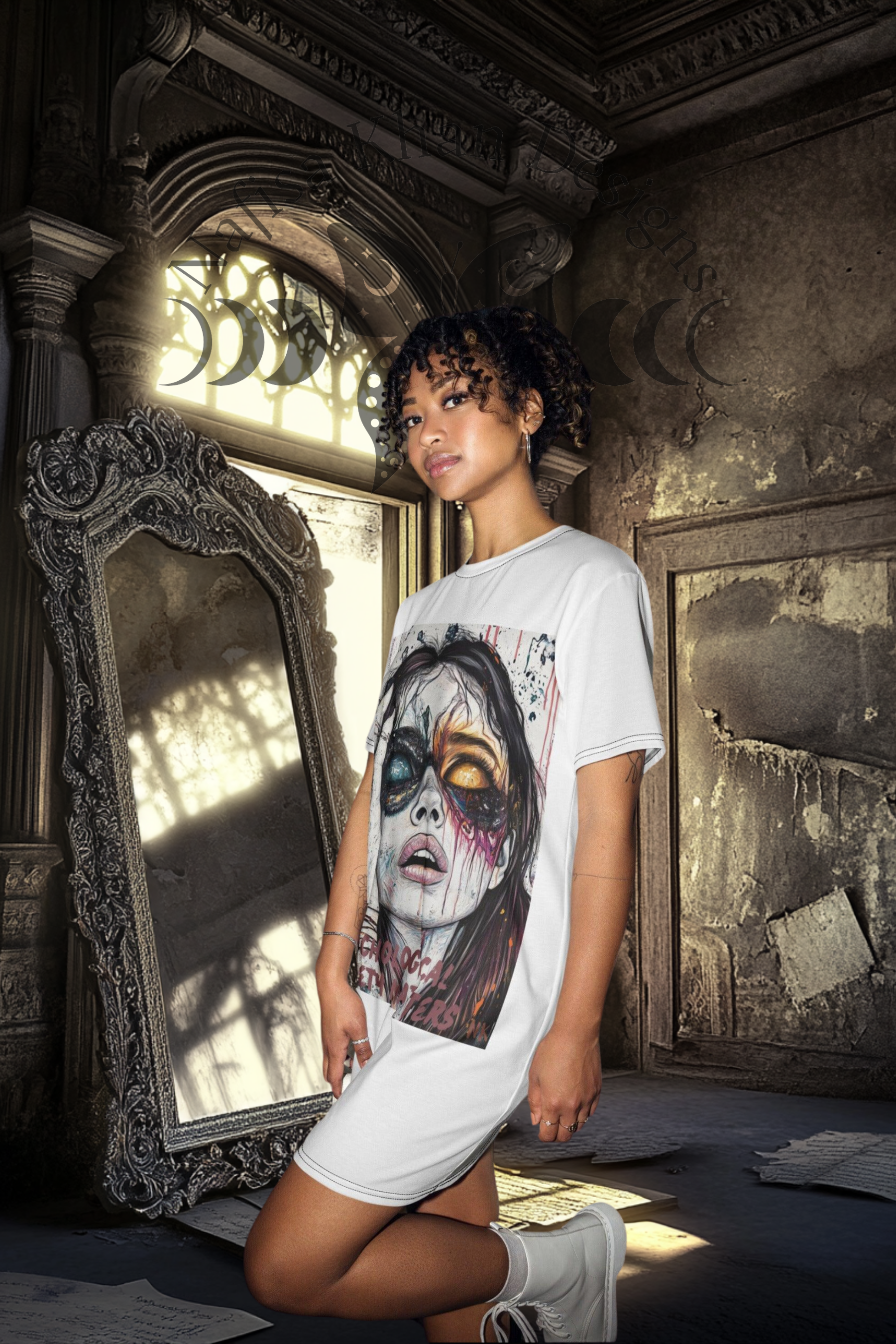 Oversized t-shirt dress with bold psychological safety matters design, promoting mental health awareness and streetwear fashion