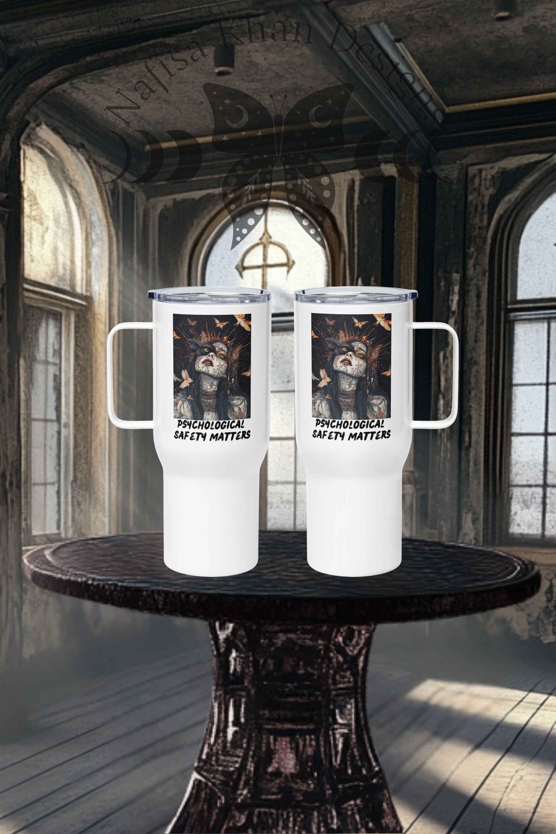 Psychological Safety Matters Travel Mug – Stay Bold, Stay Hydrated featuring modern Desi fashion with a fusion of tradition and streetwear style.