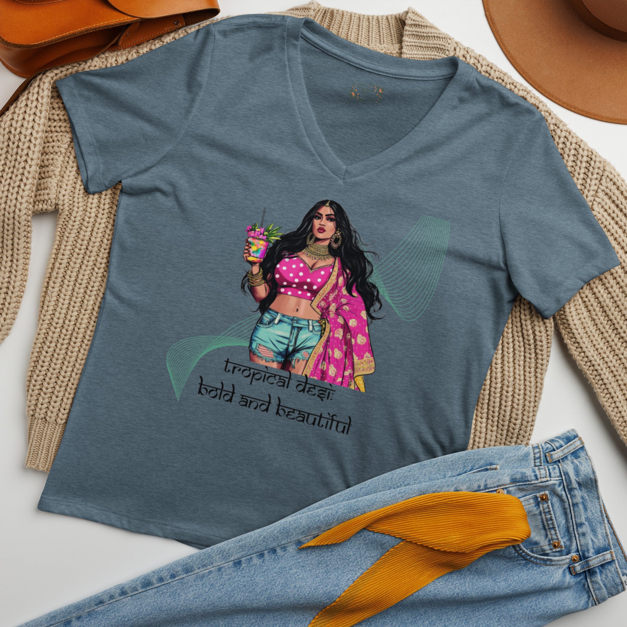 Tropical Desi: Bold and Beautiful V-Neck T-Shirt featuring modern Desi fashion with a fusion of tradition and streetwear style.