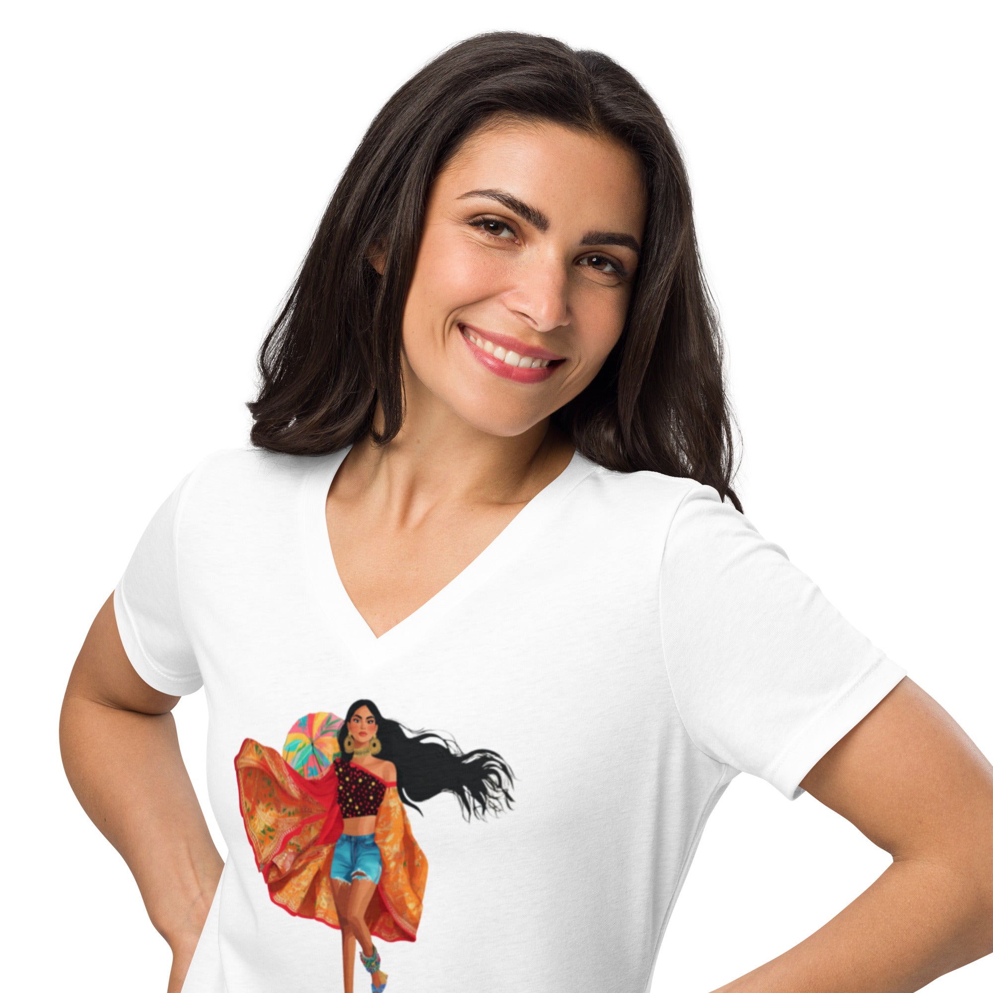 Spicy, Sweet & Everything Chic V-Neck T-Shirt – Own Your Confidence featuring modern Desi fashion with a fusion of tradition and streetwear style.