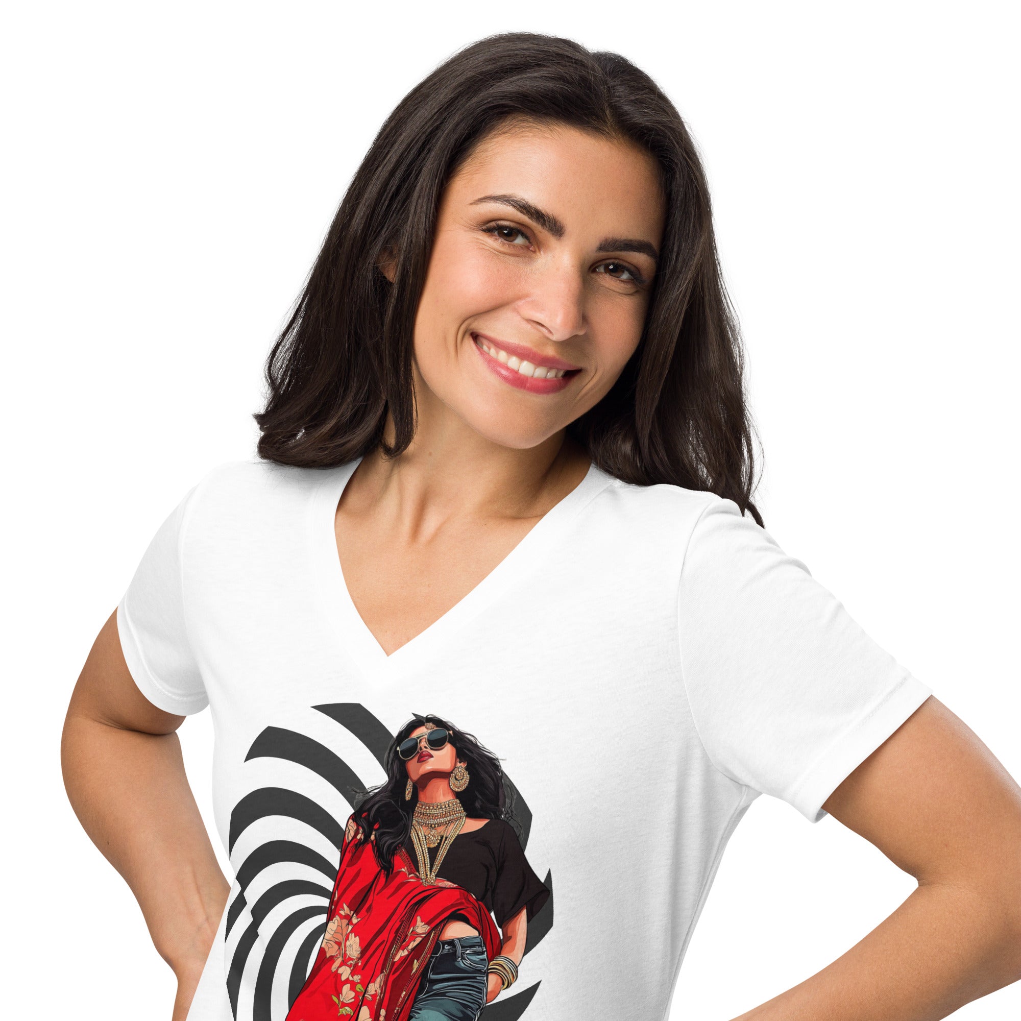 Threads of the Past V-Neck T-Shirt – Where Tradition Meets Modern Edge featuring modern Desi fashion with a fusion of tradition and streetwear style.