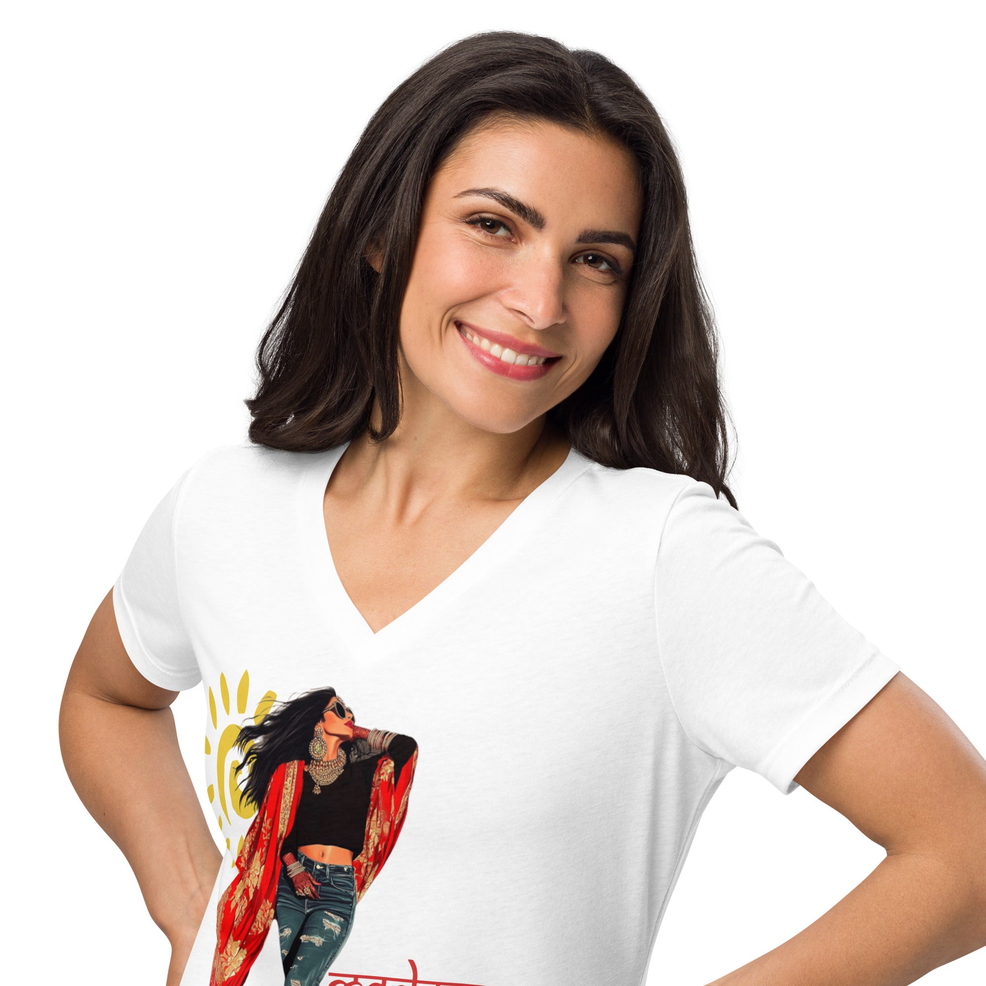 Desi Diva Energy V-Neck T-Shirt – Bold, Fearless &amp; Culturally Empowered featuring modern Desi fashion with a fusion of tradition and streetwear style.