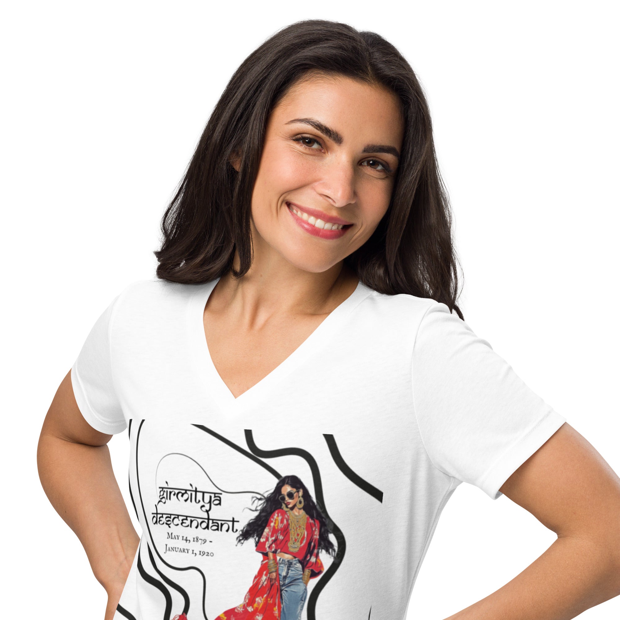 Girmitya Descendant V-Neck T-Shirt – Honor Your Heritage in Style  featuring modern Desi fashion with a fusion of tradition and streetwear style.