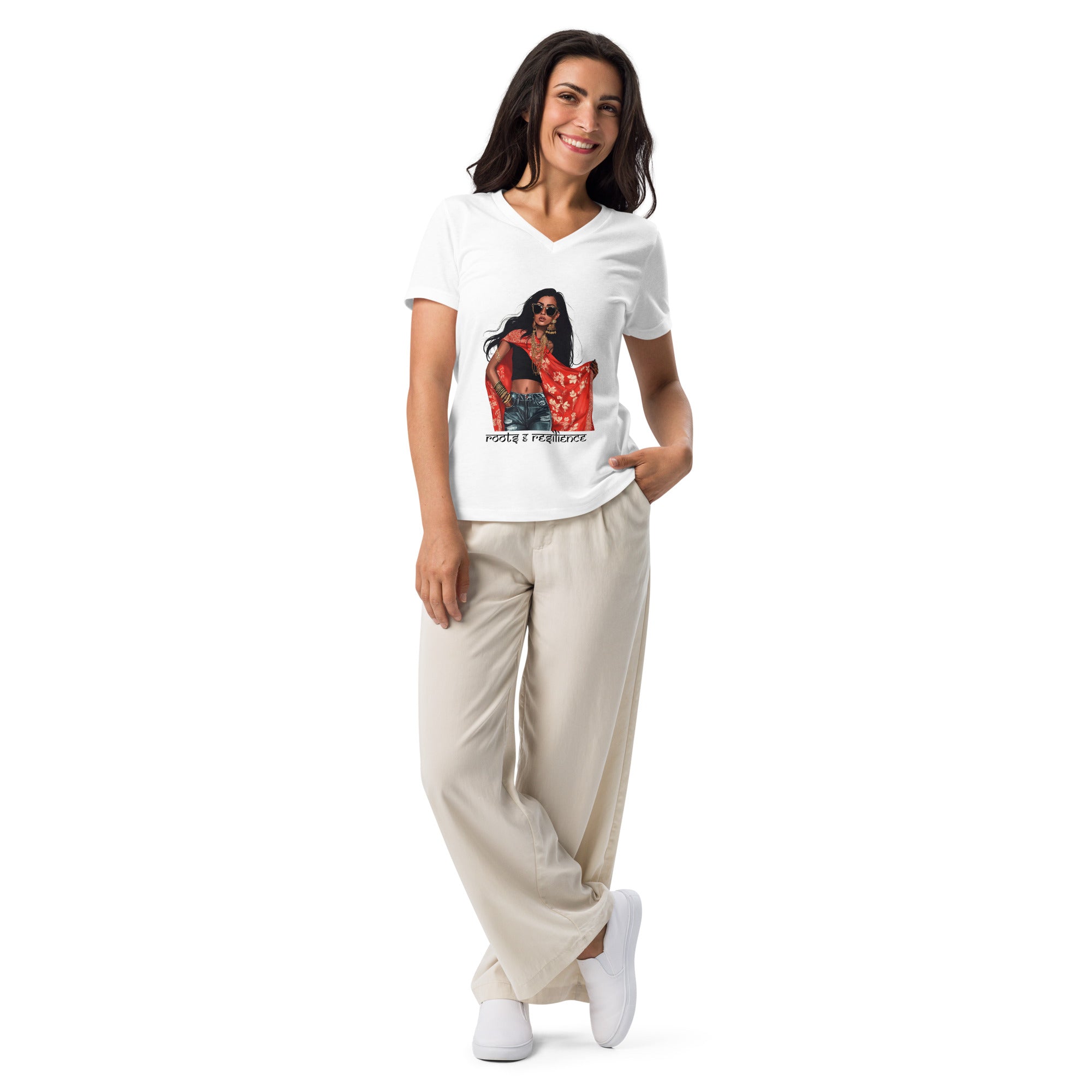 Roots and Resilience V-Neck T-Shirt featuring modern Desi fashion with a fusion of tradition and streetwear style.