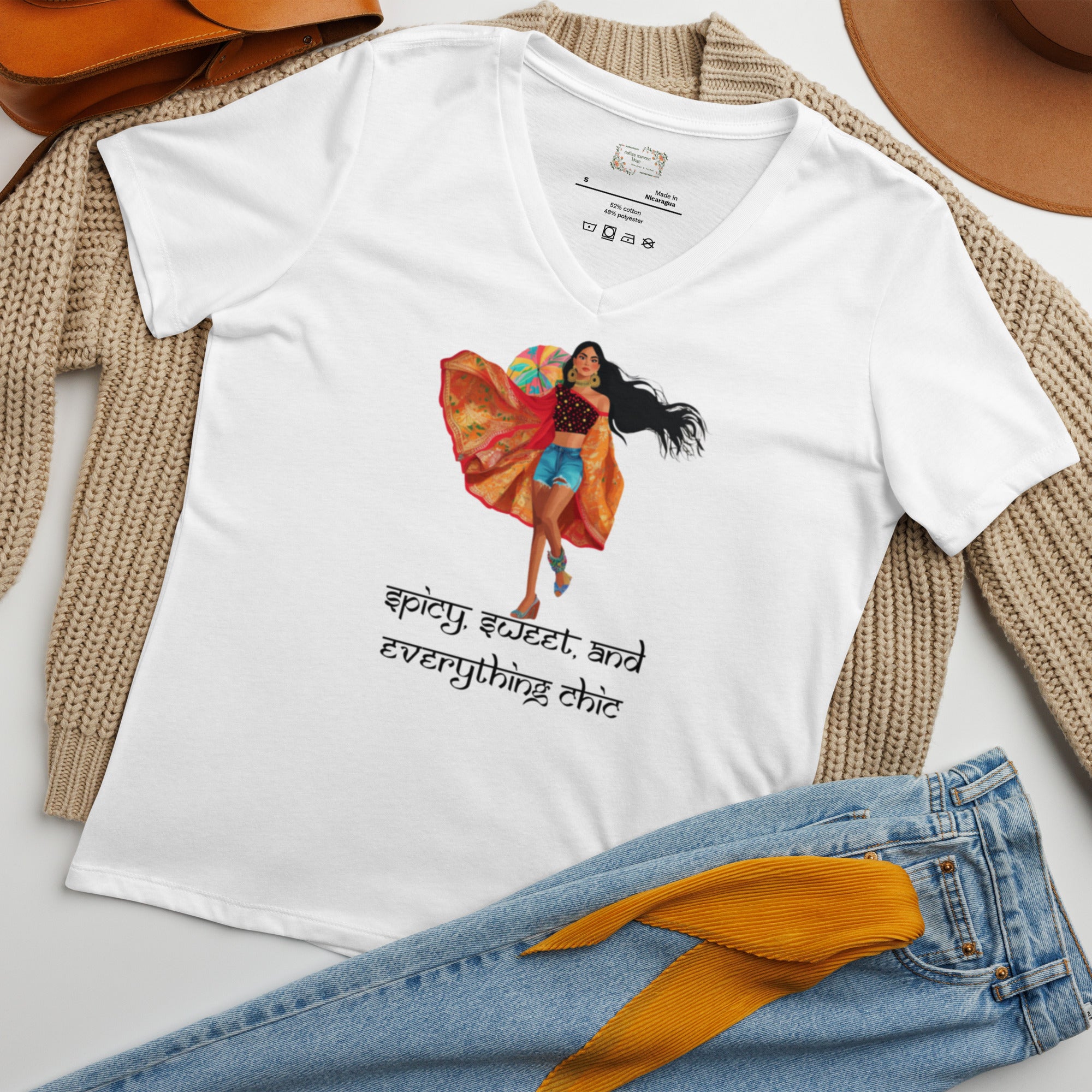 Spicy, Sweet &amp; Everything Chic V-Neck T-Shirt – Own Your Confidence featuring modern Desi fashion with a fusion of tradition and streetwear style.